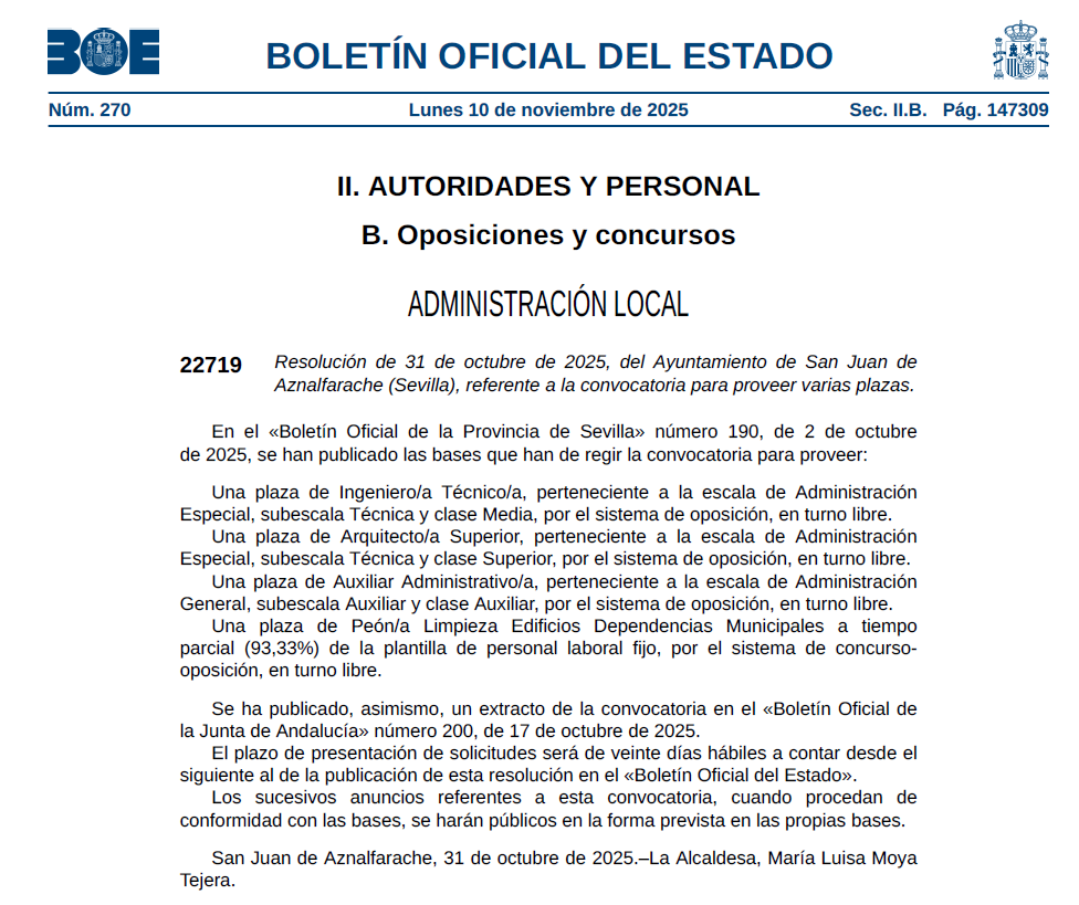 Oposiciones Ayuntamiento de San Juan de Aznalfarache (Sevilla) - 4 Plazas 1